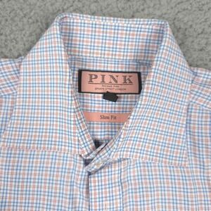 Thomas Pink Slim Fit Plaid Check Button Down Long Sleeve Shirt 15 1/2